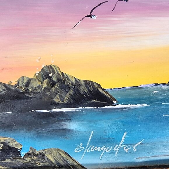 Vintage Daniel Blanquet Mexican Miniature Oil Painting Sailboat Seagulls Sunset - Picture 3 of 5